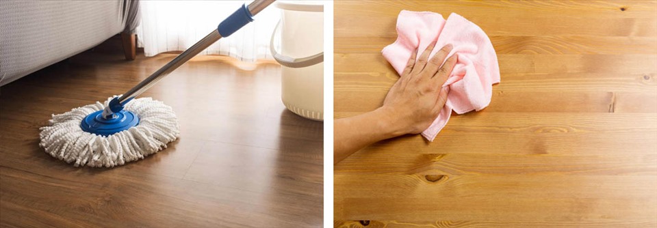 Vệ sinh sàn gỗ đúng cách giúp tăng tuổi thọ của sàn. Đồ họa: Kim Nhung