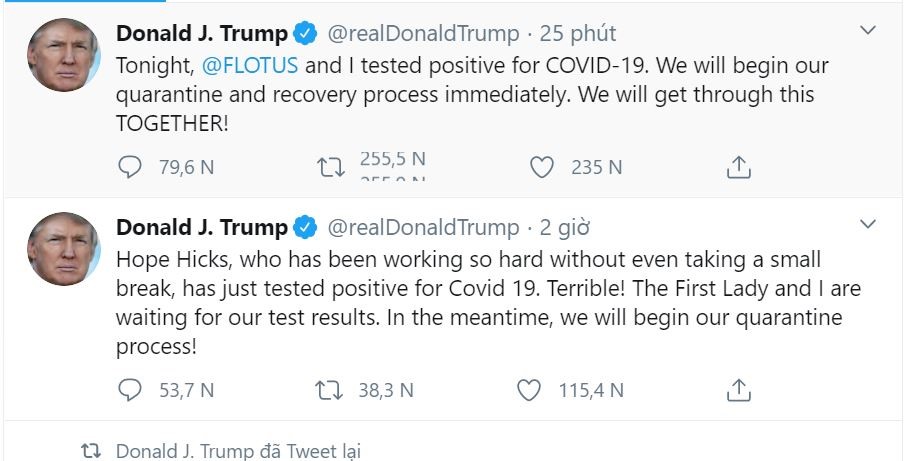Chia sẻ của Tổng thống Donald Trump trên Twitter về kết quả xét nghiệm COVID-19. Ảnh chụp màn hình.