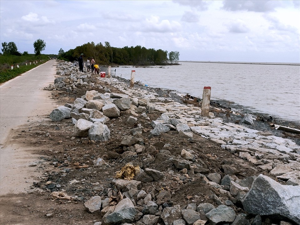 Mưa bão kéo dài, nhiều đoạn đê biển Cà Mau đang có nguy cơ vỡ đê (ảnh Nhật Hồ)