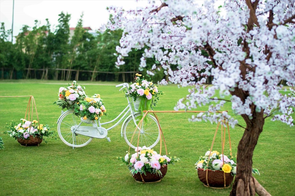 Tiểu cảnh trang trí sử dụng hoa hồng trắng, vàng, kết hợp hài hòa với màu xanh của cỏ tại vườn Nhật.