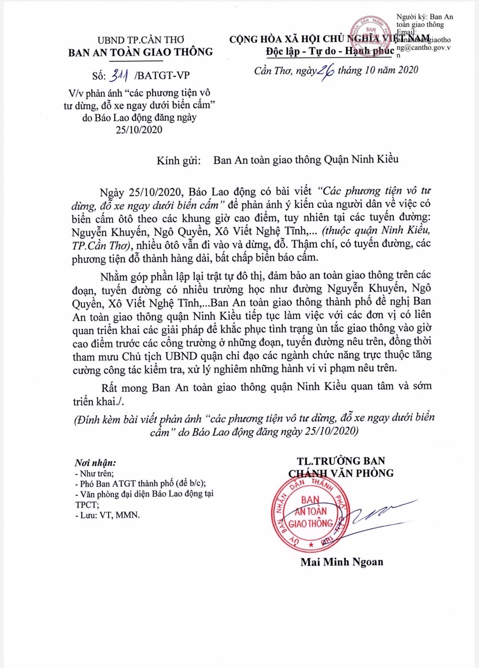 Công văn của Ban An toàn Giao thông TP.Cần Thơ đề nghị Ban An toàn Giao thông quận Ninh Kiều xử lý thông tin mà Báo Lao Động phản ánh. Ảnh: Thành Nhân
