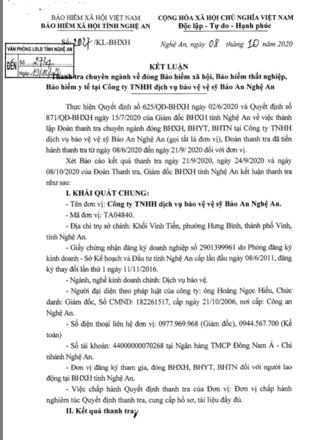 Kết luận của BHXH tỉnh Nghệ An đối với Công ty TNHH dịch vụ bảo vệ vệ sỹ Bảo An Nghệ An. Ảnh: Trần Tuyên