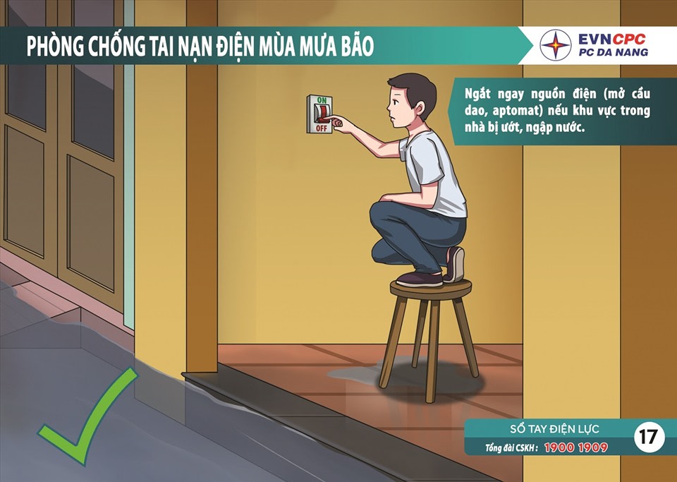 Điện lực Đà Nẵng hướng dẫn khách hàng và nhân dân khẩn trương thực hiện biện pháp sau phòng tránh sự cố điện trong bão số 9. Ảnh: PCDN