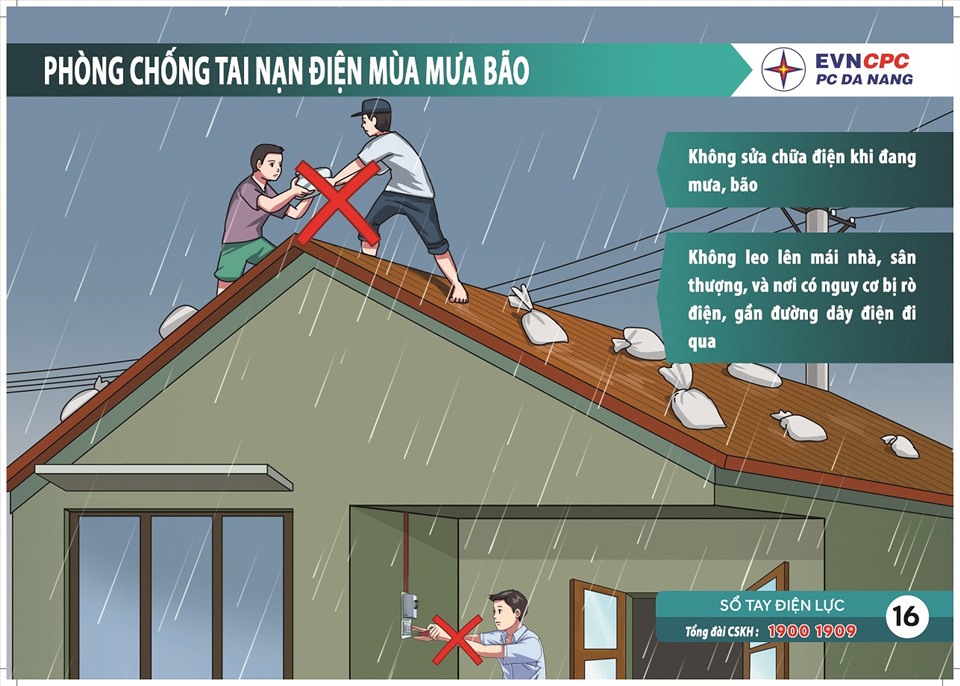 Điện lực Đà Nẵng hướng dẫn khách hàng và nhân dân khẩn trương thực hiện biện pháp sau phòng tránh sự cố điện trong bão số 9. Ảnh: PCDN