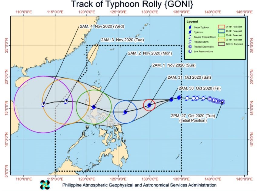 Dự báo hướng di chuyển của bão Goni do cơ quan thời tiết Philippines công bố cho thấy cơn bão có khả năng đi vào Biển Đông. Ảnh: ABS-CBN News.