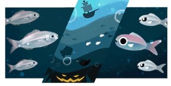 Cấp độ 2 của Google Doodle ngày Halloween 2020 là vùng Chạng vạng với kẻ thù dưới nước là “Boops Boops“. Theo Google, “Boops” bắt nguồn từ tiếng Hy Lạp “boōps” có nghĩa là “mắt bò“. Ảnh: Google.