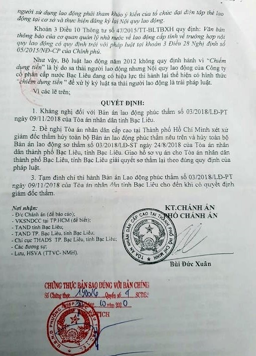 Một phần Quyết định kháng nghị giám đốc thẩm của Phó chánh án TAND cấp cao tại Thành phố Hồ Chí Minh (ảnh Nhật Hồ)