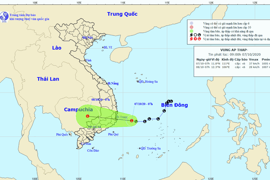 Vị trí và hướng đi của áp thấp nhiệt đới. Nguồn: NCHMF