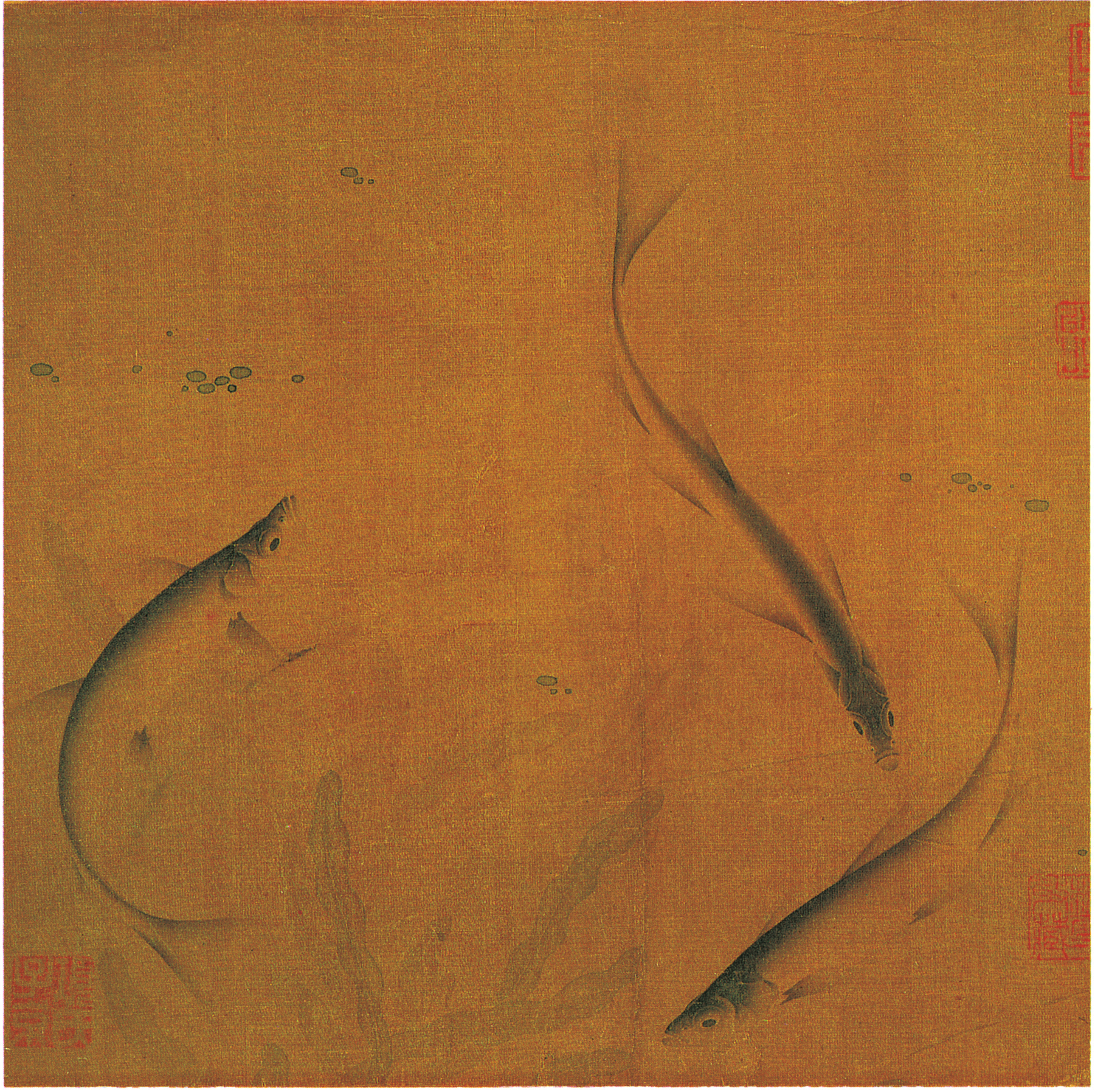 Ba con cá (Three fish), được cho là tác phẩm của họa sĩ Lưu Thái, khoảng 1068 - 1085. Một trang trong tuyển tập, vẽ màu và mực trên lụa, 22,2 × 22,8cm, 8¾ × 9 in; Bảo tàng Nghệ thuật Philadelphia. Ảnh: Omega Plus cung cấp