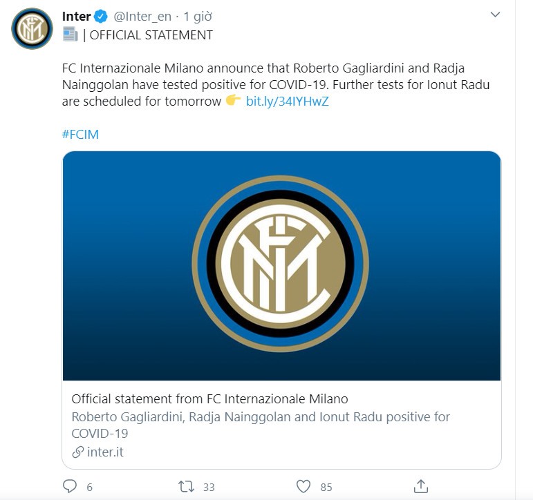 Inter Milan thông báo về các trường hợp mắc COVID-19. Ảnh chụp màn hình