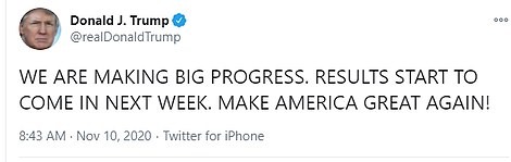 Tweet thứ hai trong ngày 10.11 của ông Donald Trump. Ảnh chụp màn hình