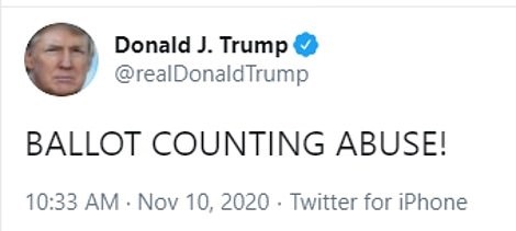 Tweet của ông Donald Trump cáo buộc gian lận kiểm phiếu. Ảnh chụp màn hình