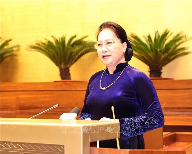 Chủ tịch Quốc hội Nguyễn Thị Kim Ngân phát biểu tại buổi gặp mặt. Ảnh: Trọng Đức/TTXVN