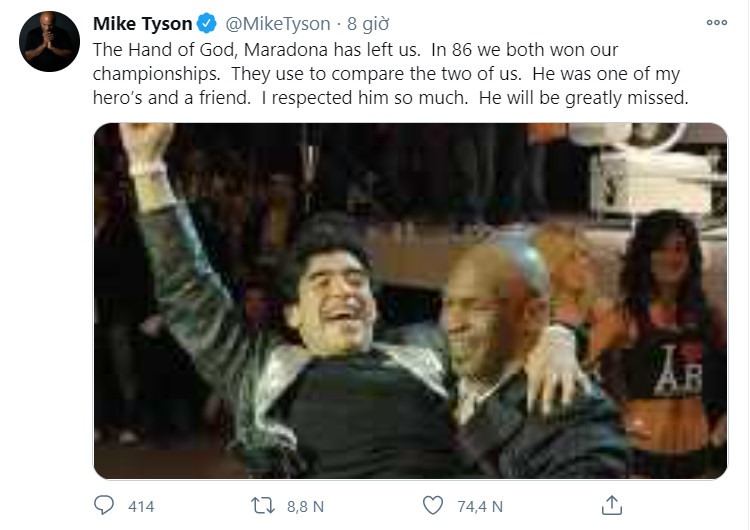 Mike Tyson đăng dòng trạng thái bày tỏ sự tiếc thương trước sự ra đi của Maradona. Ảnh Twitter nhân vật