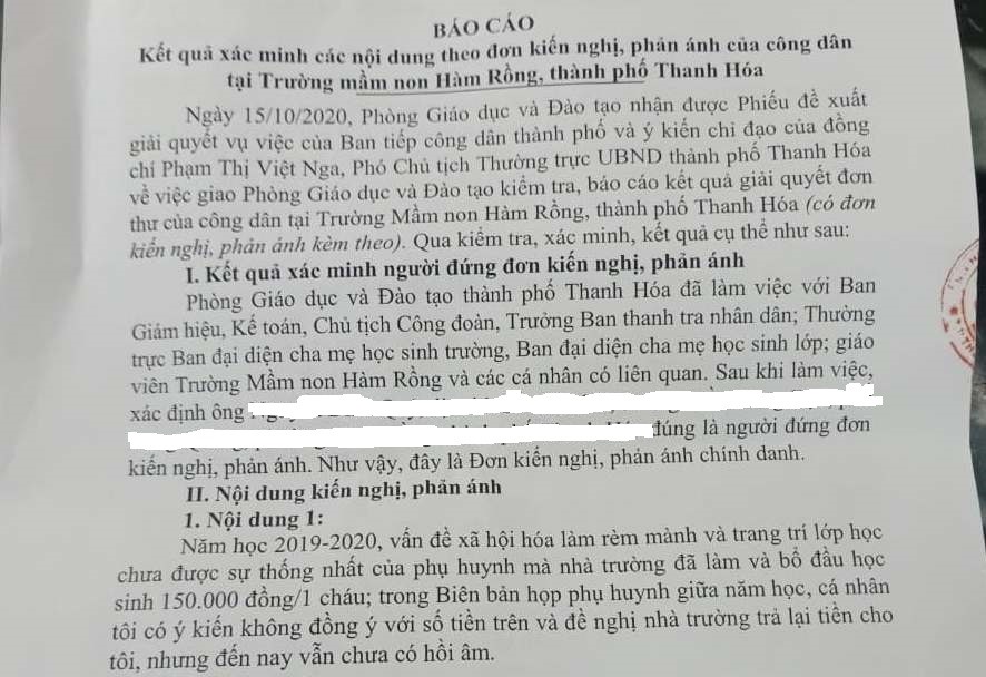 Báo cáo xác minh của Phòng GD&ĐT TP. Thanh Hóa và đề xuất xử lý trách nhiệm đối với Hiệu trường Trường mầm non Hàm Rồng. Ảnh: Quách Du