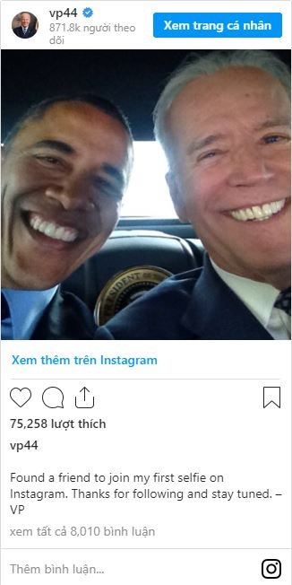 Ông Joe Biden và ông Obama thân thiết trong một bài đăng trên Instagram năm 2014. Ảnh: Instagram/Joe Biden