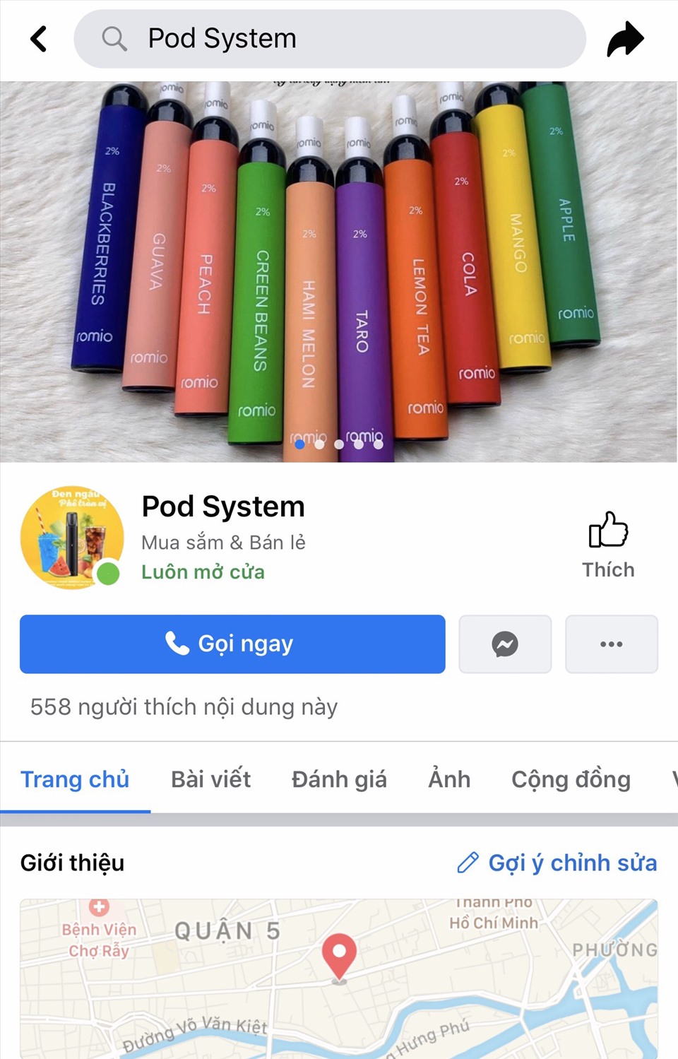 Trang facebook của cơ sở kinh doanh thuốc lá điện tử Pod System. Ảnh: Chụp màn hình