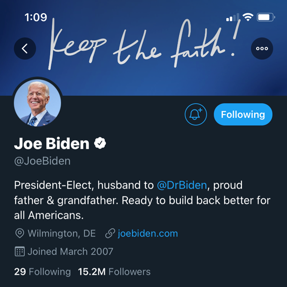 Ông Joe Biden và bà Kamala Harris đều đổi thông tin trên Twitter thành tổng thống đắc cử và phó tổng thống đắc cử. Ảnh chụp màn hình.