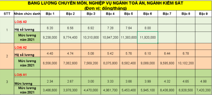 Bảng lương ngành Tòa án, Kiểm sát năm 2021. Ảnh chụp màn hình