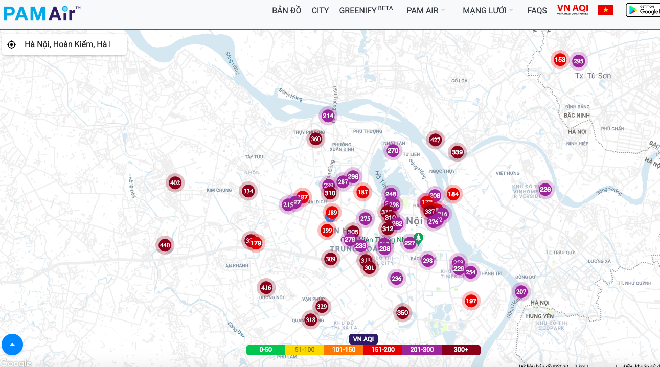 Mức chỉ số AQI trên ứng dụng Pamair. Ảnh: pamair.org.