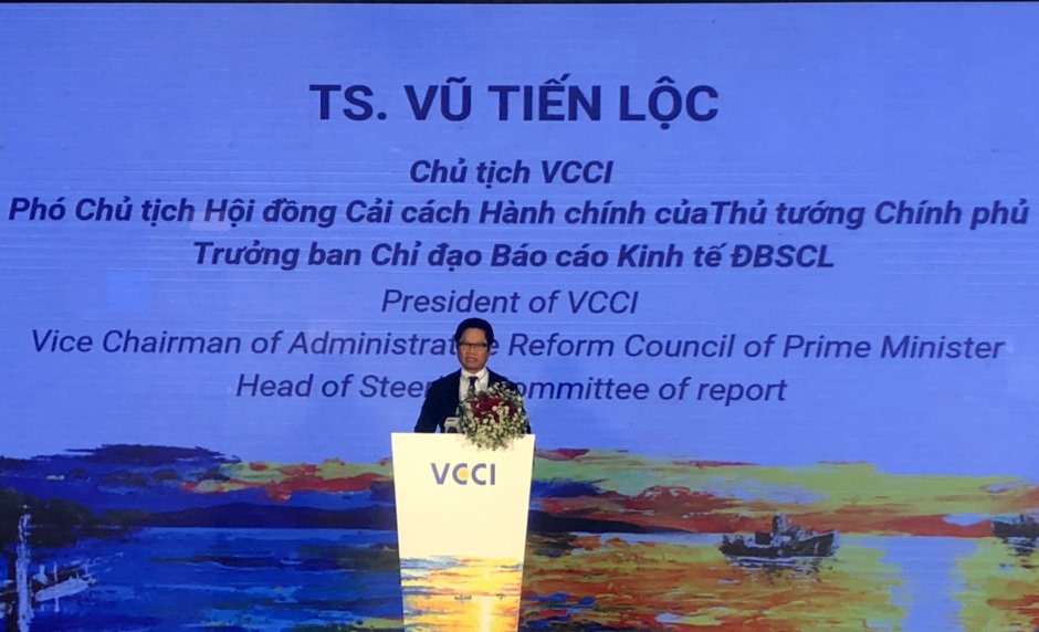 Tiến sĩ Vũ Tiến Lộc, Chủ tịch VCCI Việt Nam, Trưởng Ban Chỉ đạo báo cáo kinh tế vùng ĐBSCL phát biểu tại lễ công bố. Ảnh: P.V.