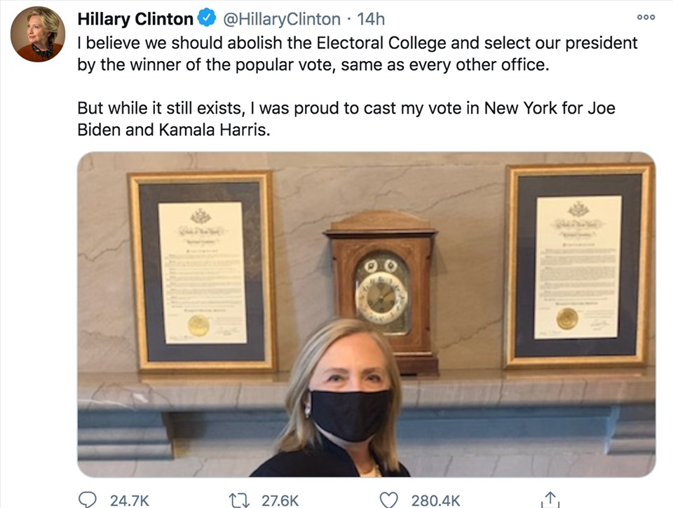 Bà Hillary Clinton viết trên Twitter kêu gọi bãi bỏ cử tri đoàn. Ảnh chụp màn hình