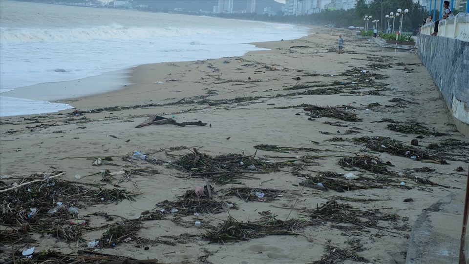 Dù hôm qua các công nhân đã dọn dẹp xong, nhưng sau đó rác lại tiếp tục tấp vào bãi biển Nha Trang. Ảnh: Nhiệt Băng