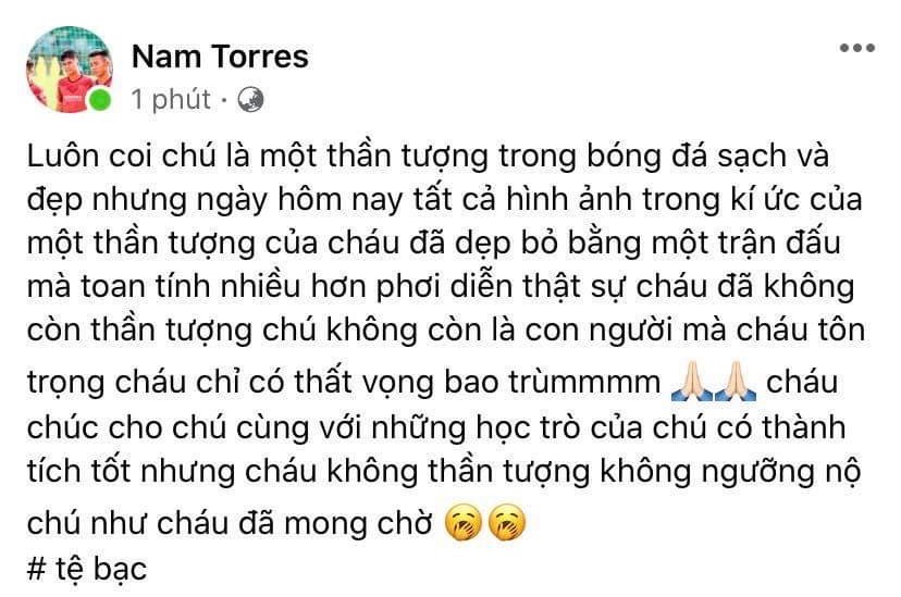 Dòng trạng thái ẩn ý của tiền đạo Lê Văn Nam. Ảnh: FBNV