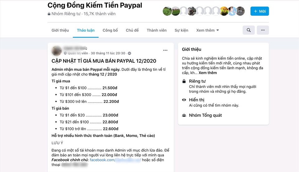 Trong các hội nhóm kín, “chợ đen” mua bán tiền Paypal diễn ra liên tục, quản trị viên cập nhật cả tỷ giá giao dịch cho thành viên. Ảnh: Chụp màn hình.
