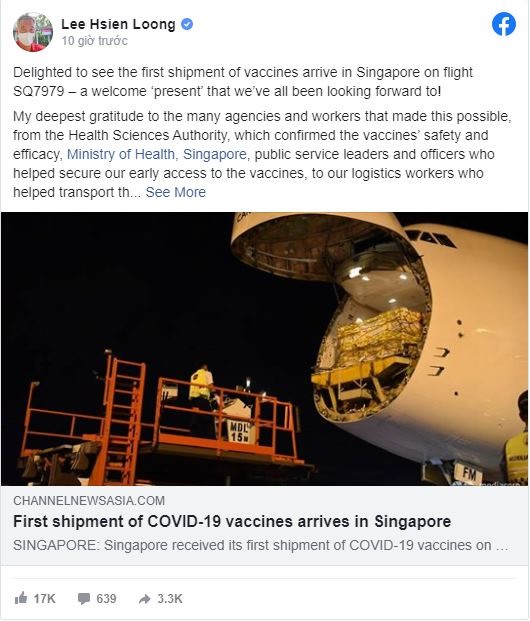Thủ tướng Lý Hiển Long bày tỏ vui mừng thông báo sự kiện nhận lô vaccine đầu tiên trên trang Facebook cá nhân. Ảnh: Prime Minister Lee Hsien Loong/Facebook