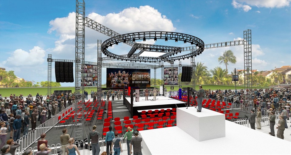 Phối cảnh hoành tráng sân khấu sẽ tổ chức sự kiện tranh đai vô địch boxing thế giới tại Quảng Ngãi. Ảnh: Cocky Buffalo.