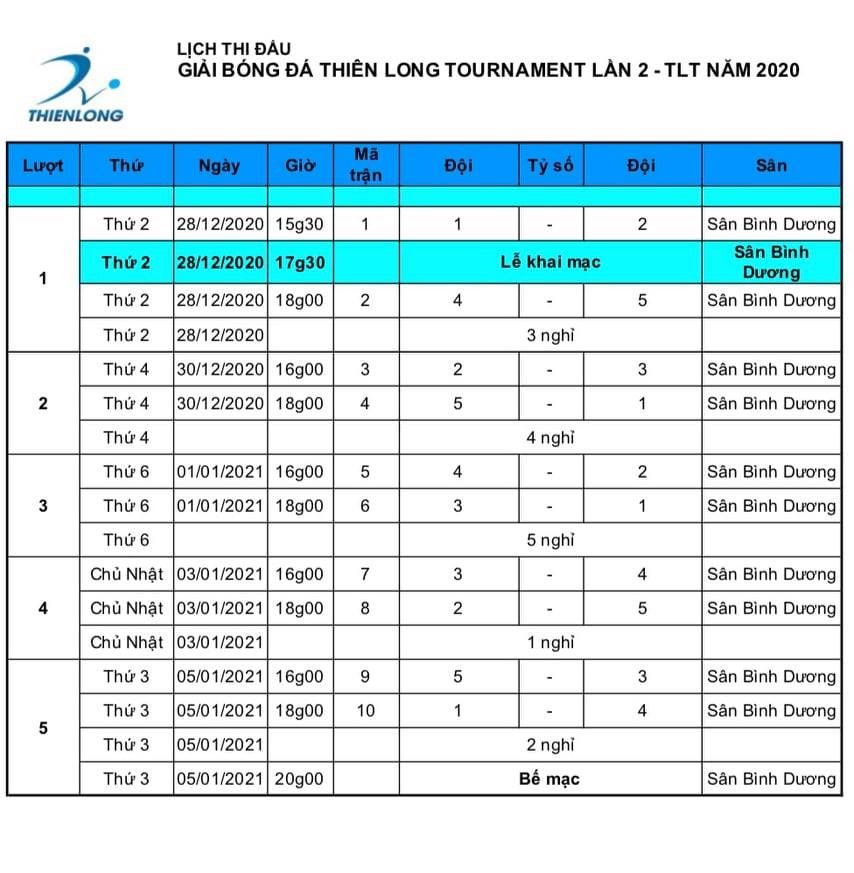 Lịch thi đấu dự kiến Cúp Thiên Long 2020 có sự góp mặt của 4 đội V.League, 1 đội hạng Nhất. Ảnh: BTC.