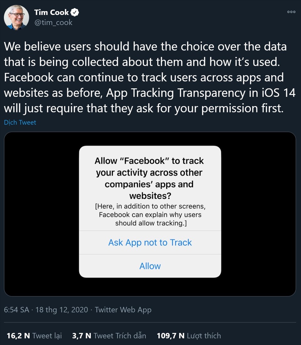 Trên trang Twitter của mình, CEO của Apple tiếp tục bảo vệ quan điểm về yêu cầu minh bạch trong việc thu thập dữ liệu cá nhân của người dùng. Ảnh chụp màn hình