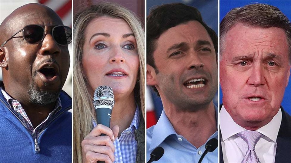 Các ứng viên tham gia cuộc bầu cử Thượng viện ở Georgia (từ trái qua phải): Raphael Warnock, Kelly Loeffler, Jon Ossoff và David Perdue. Ảnh: Getty/AFP