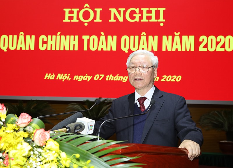 Tổng Bí thư, Chủ tịch Nước Nguyễn Phú Trọng - Bí thư Quân uỷ Trung ương phát biểu tại Hội nghị. Ảnh Nguyên Hải