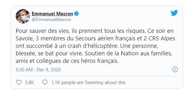 Tổng thống Pháp thông báo về vụ tai nạn rơi trực thăng trên Twitter cá nhân. Ảnh: Twitter