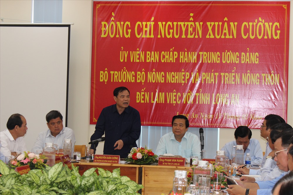 Bộ trưởng Nguyễn Xuân Cường làm việc với lãnh đạo tỉnh Long An. Ảnh: K.Q