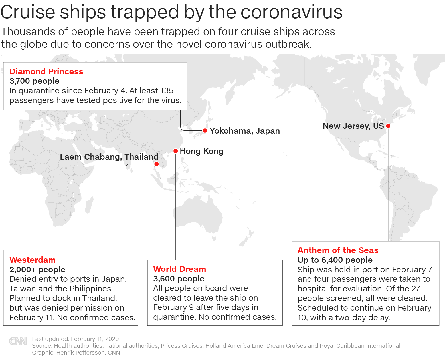 Bản đồ các tàu du lịch bị cách ly, từ chối cập cảng hoặc thay đổi lịch trình do lo ngại virus Corona. Ảnh: CNN.