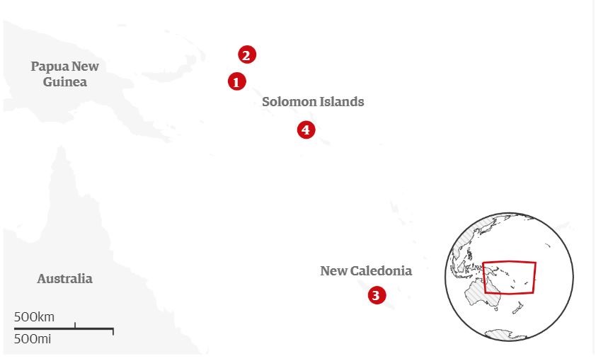 Các vị trí trên bản đồ:  1 -  Là đia điểm 12 người khởi hành ngày 22.12.2019 ở Bougainville. 2 – Địa điểm nhóm 12 người dự kiến đến để đón Giáng sinh – quần đảo Carteret.  3 – Địa điểm nhóm người sống sót – 4 người - được một tàu cá tìm thấy gần New Caledonia.   4 – 4 người sống sót được đưa tới quần đảo Solomon để điều trị. Ảnh: The Guardian.