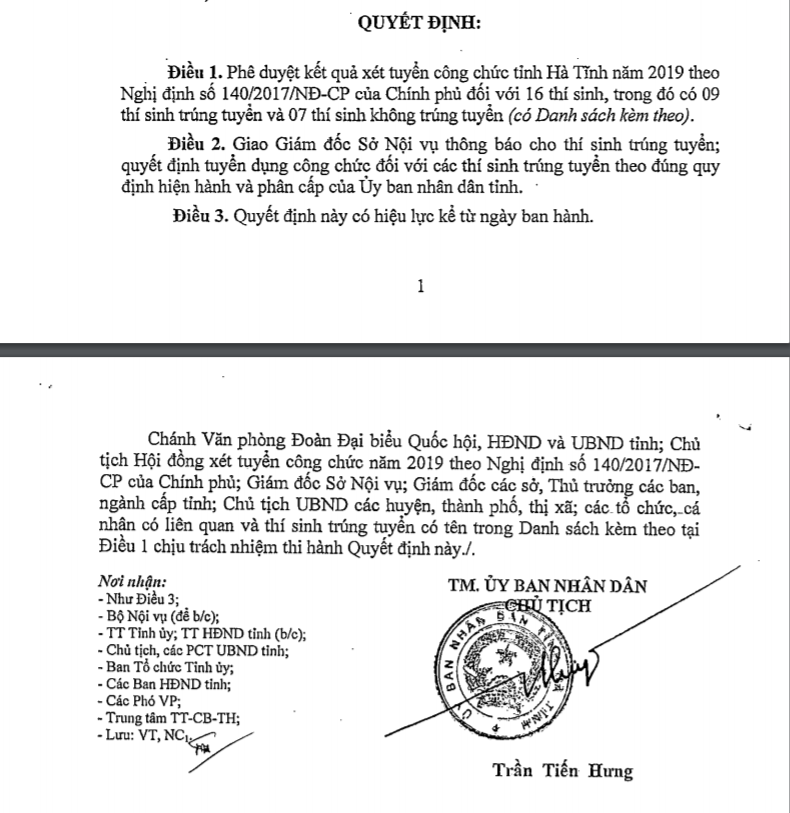 Quyết định phê duyệt kết quả xét tuyển công chức năm 2019 của UBND tỉnh Hà Tĩnh