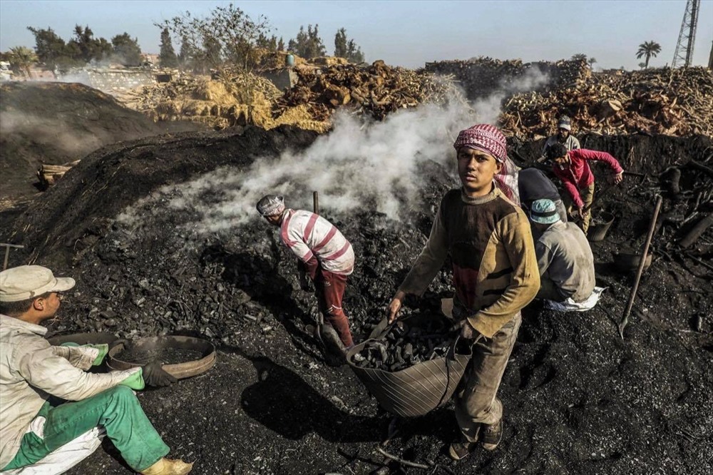 1. Công nhân lao động Ai Cập, trong đó có cả trẻ em, đang làm việc tại nhà máy than củi ở phía bắc thủ đô Cairo. Ảnh: AFP