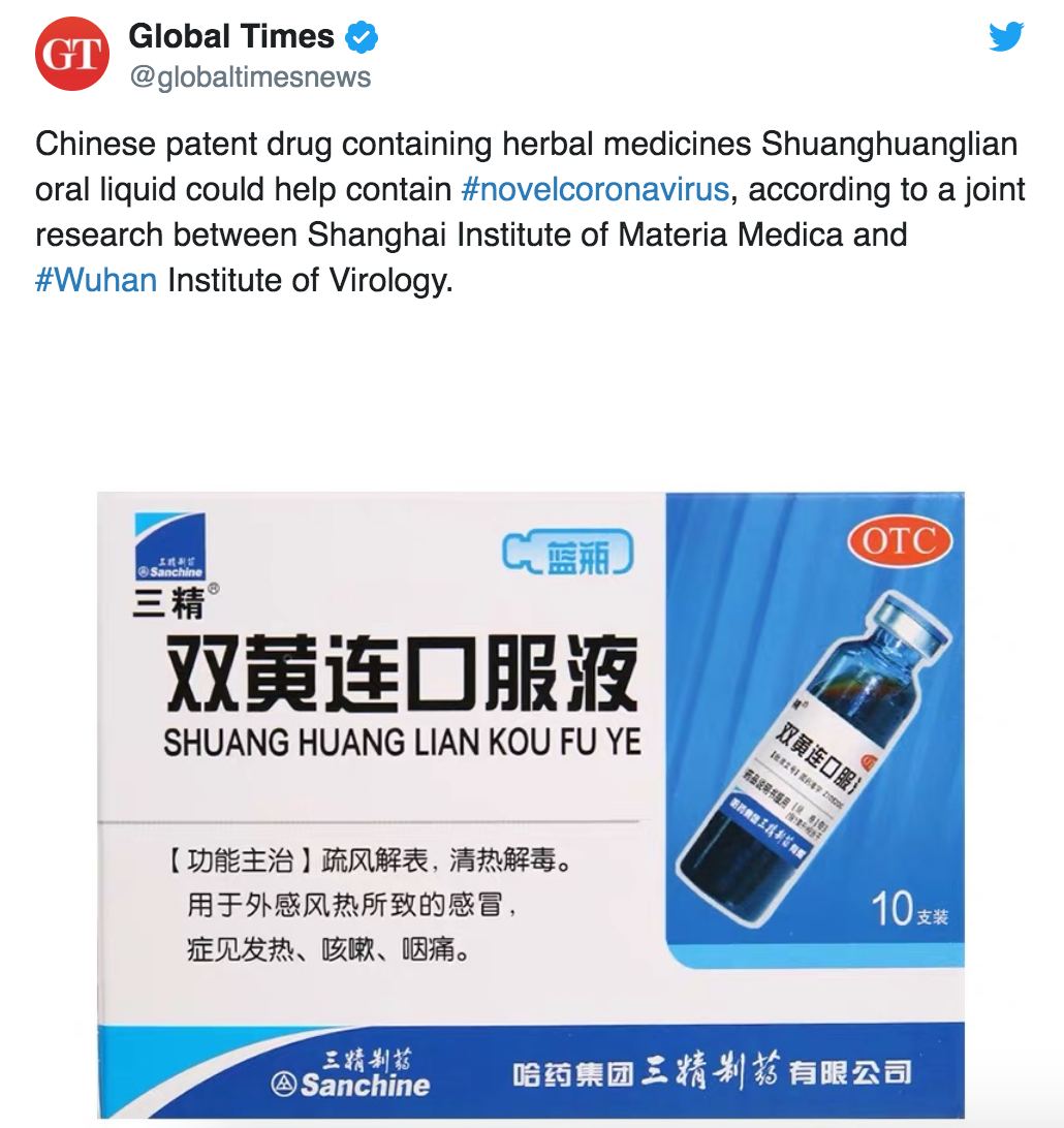 Trang Twitter của tờ Global Times đăng bài về thảo dược Shuang Huang Lian ức chế virus Corona của Viện Dược liệu Thượng Hải và Viện Virus Vũ Hán.