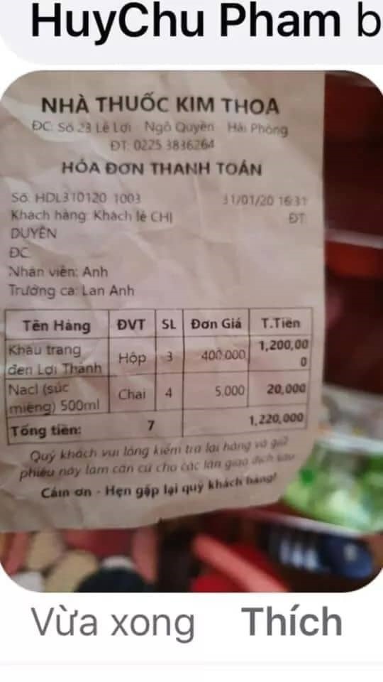 Hình ảnh hóa đơn mua khẩu trang y tế tại Nhà thuốc Kim Thoa được chia sẻ trên mạng xã hội.