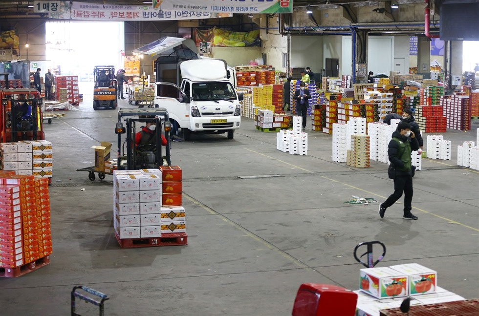 Tiến hành tại một chợ bán buôn trái cây và nông sản ở Daegu vào 20.2, cũng là nơi làm việc của một thành viên gia đình bệnh nhân COVID-19. Ảnh: Yonhap
