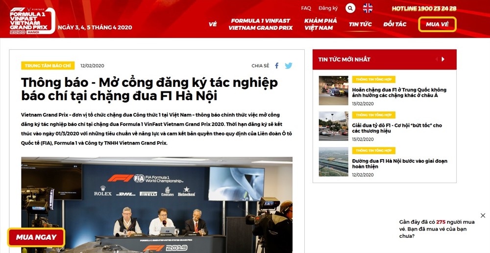Thông báo mở cổng đăng ký trực tuyến trên trang web của công ty Vietnam Grand Prix – đơn vị tổ chức chặng đua Formula 1 VinFast Vietnam Grand Prix