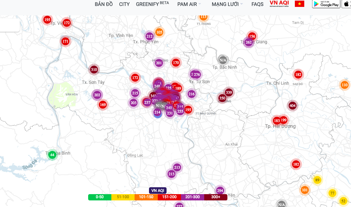 Lúc 6h sáng nay, trang Pamair cho thấy chất lượng không khí ở Hà Nội tệ. Ảnh: Pam Air.