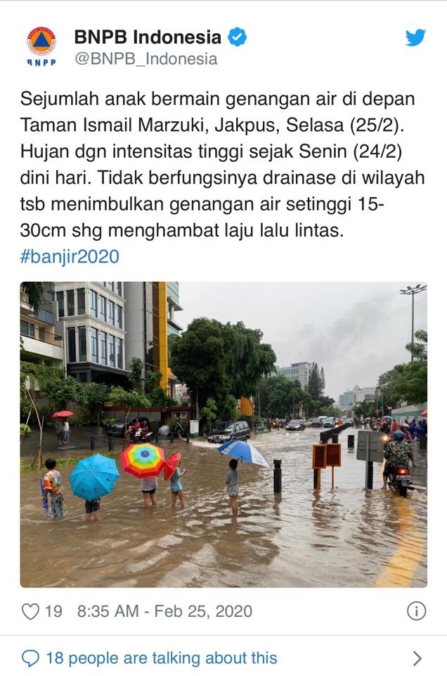 Thông tin và hình ảnh cập nhật tình hình lũ lụt ở Jakarta trên trang Twitter của Cơ quan Phòng chống thiên tai Quốc gia Indonesia. Ảnh: Twitter