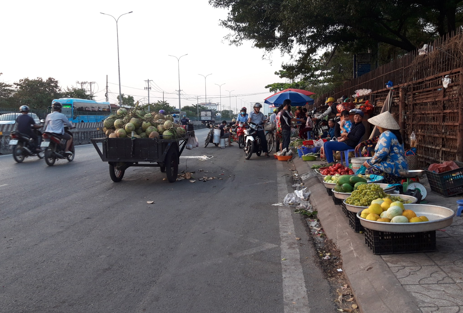 Theo ghi nhận của PV Lao Động, chiều ngày 25.2, trên tuyến đường từ vòng xuyến An Lạc đến khu công nghiệp Tân Tạo (quận Bình Tân) có khá nhiều người dân buôn bán thực phẩm tràn xuống lòng đường dành cho phương tiện tham gia giao thông. Ảnh TK.