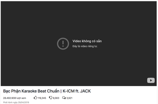 Bản karaoke “Bạc Phận” được đăng trên kênh Youtube ICM Studio cũng đã “biến mất“.