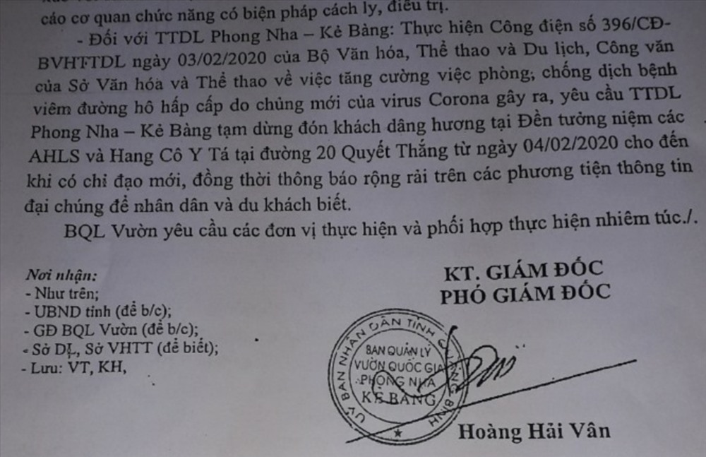 BQL VQG Phong Nha - Kẻ Bàng đã thu hồi thông báo gây phản ứng của ông Hoàng Hoàng Vân - Phó GĐ Vườn ký ngày 3.2. Ảnh: Lê Phi Long